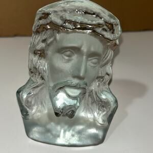 Vintage Jesus VIKING GLASS Clear Frosted Glass Bust Paperweight Bookend